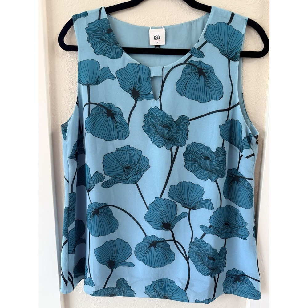 CABI 3268 Blue Teal Poppy Floral Print Lined Pullover Sleeveless Top Size Medium